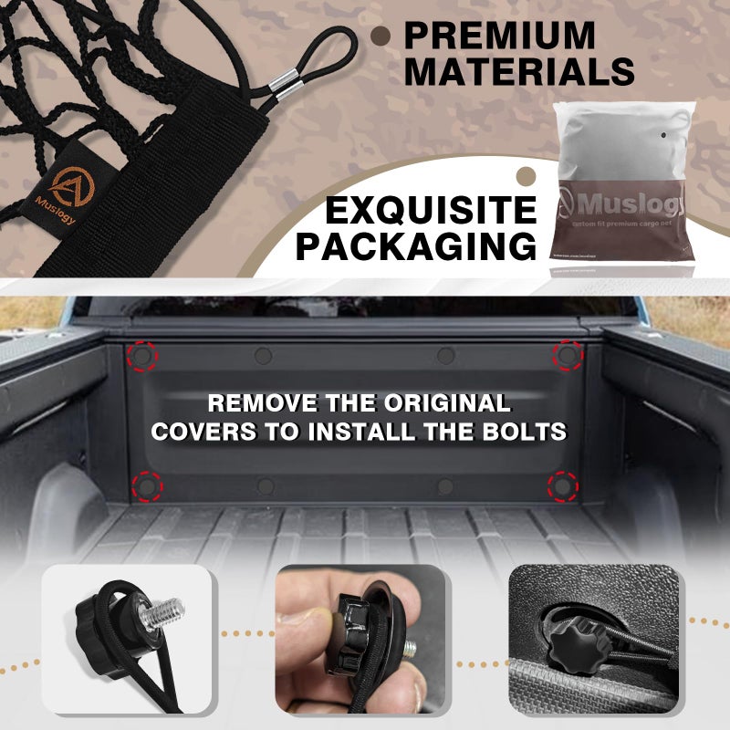 Muslogy Truck Bed Cargo Net Compatible with Rivian R1T 2022-2024 2025 Accessories Storage Organizer Pickup Truck Bed Envelope Style Cargo Net with Heavy Duty Carabiners - Image 2